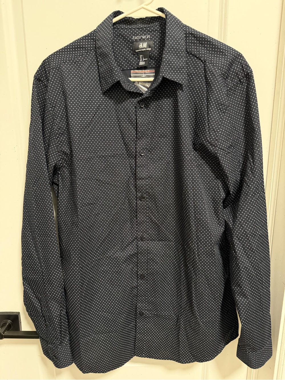 H&M Men's Navy Blue Button-Down Shirt with White Microdots